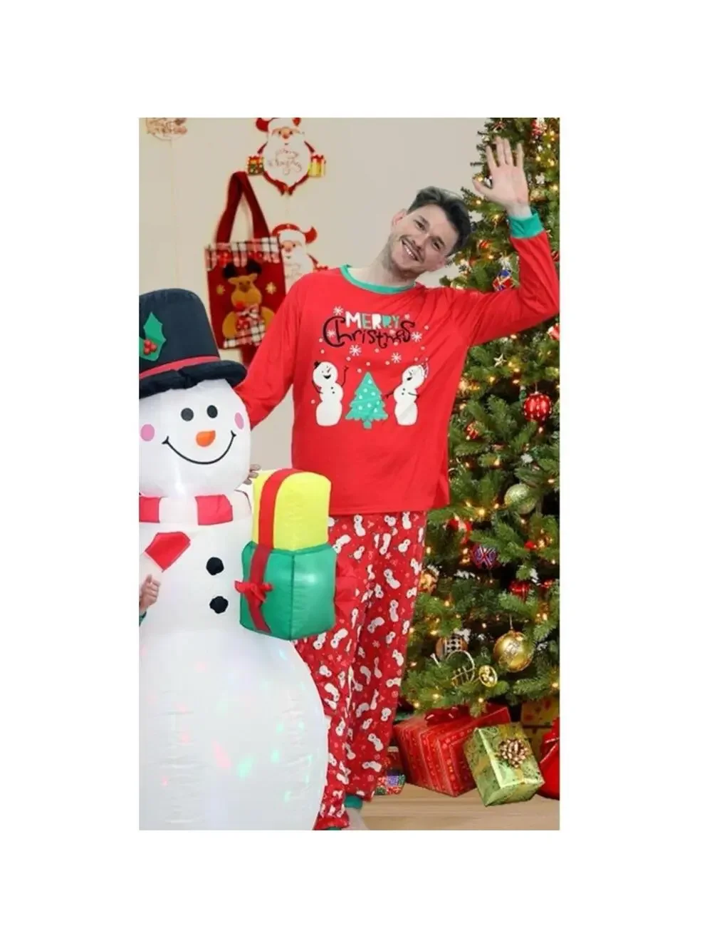 Men’s Large Christmas Pajama Set 2pc Long Sleeve Pj Snowman Tree Sleepwear NEW